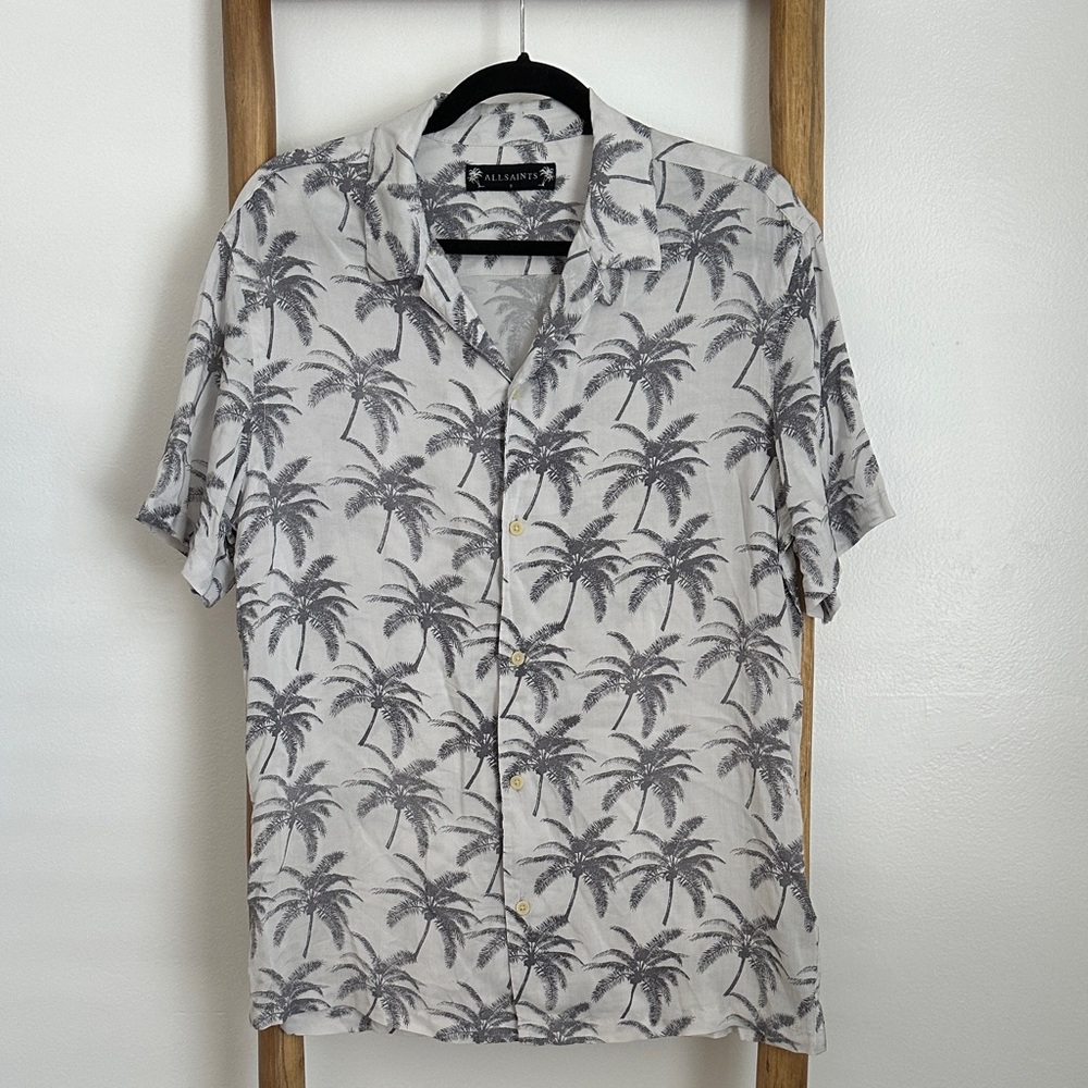 All Saints Men's Gray and White Palm Tree Print Shirt